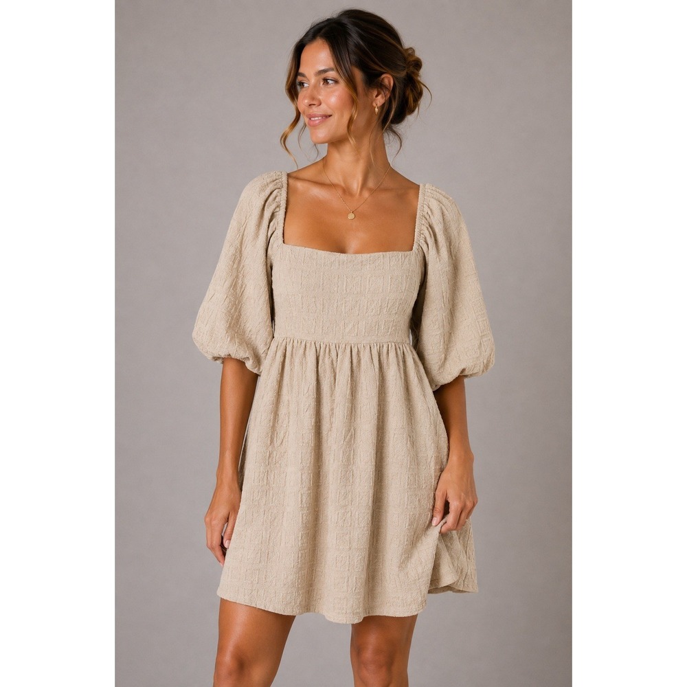 Sweet Lemon Beige Textured Puff Sleeve Square Neck Midi Dress Large